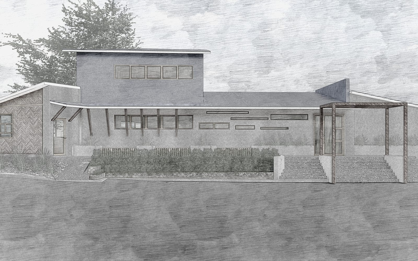 Long architectural render of the AMPM office elevation and covered entrance.