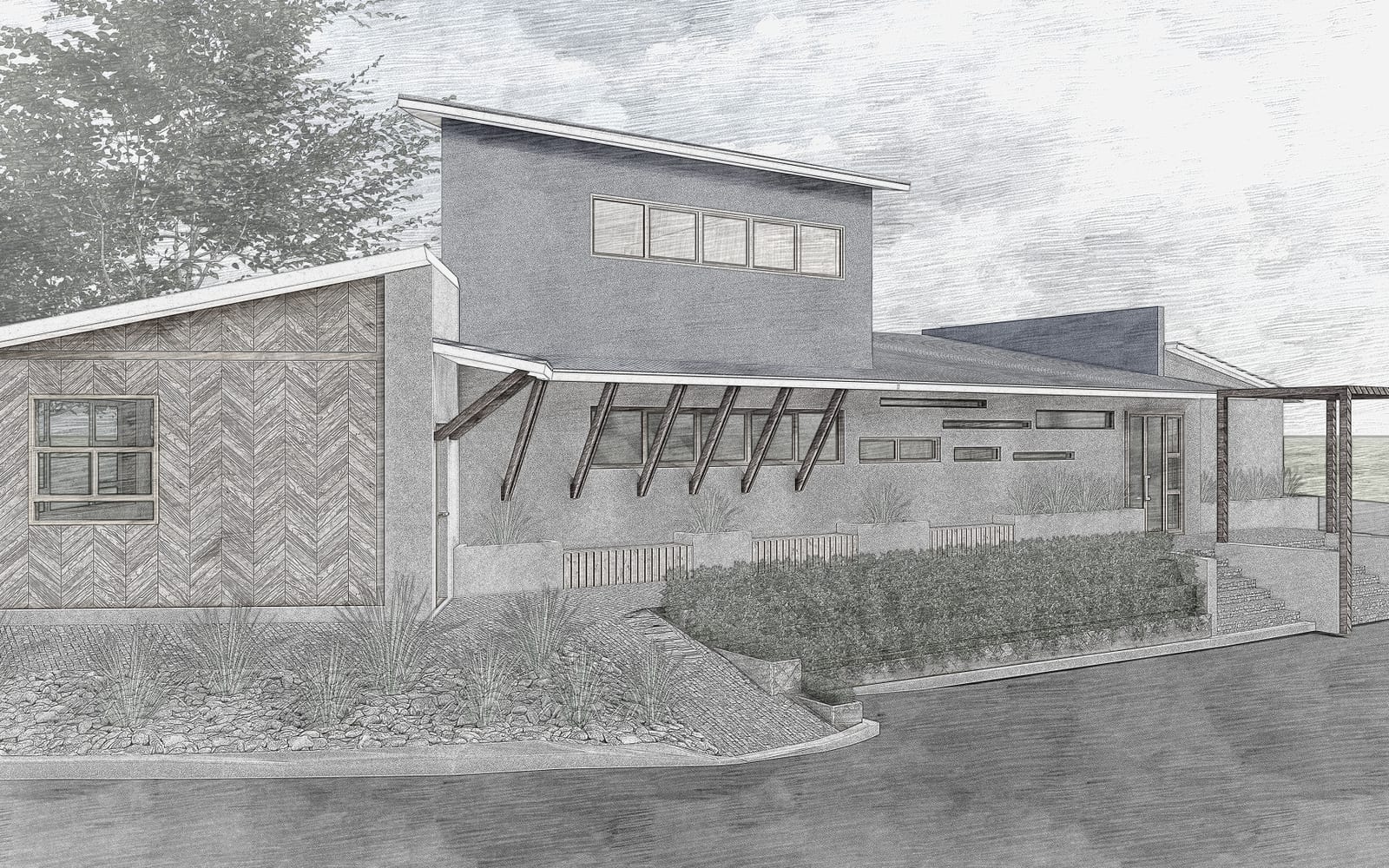 Angled architectural render of AMPM showing reclaimed timber cladding and masonry walls.