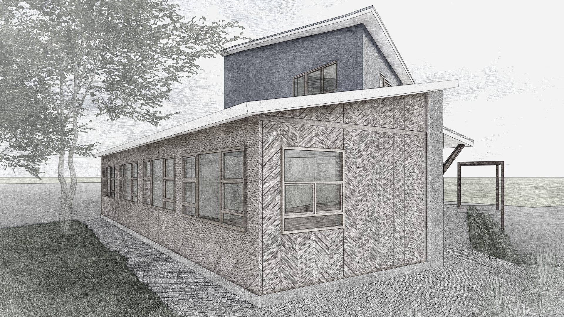 Architectural render of the AMPM office with angled reclaimed timber cladding.