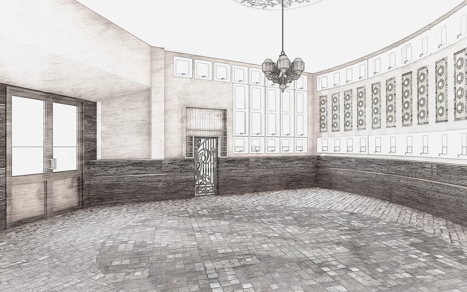Interior architectural render of the entrance and patterned screen at Baytul Ameer.