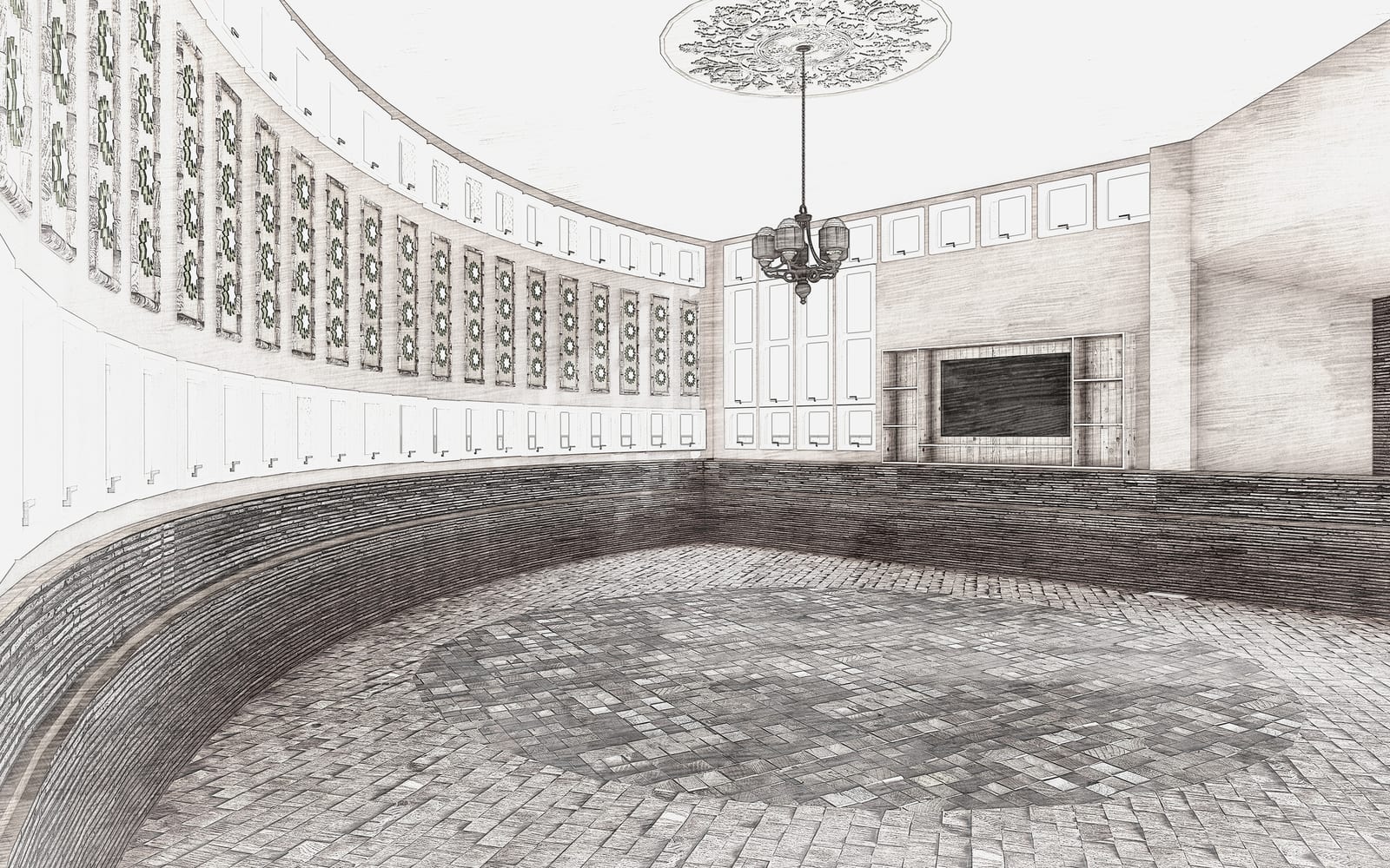 Interior architectural render following the curved wall and concentric timber floor of Baytul Ameer.
