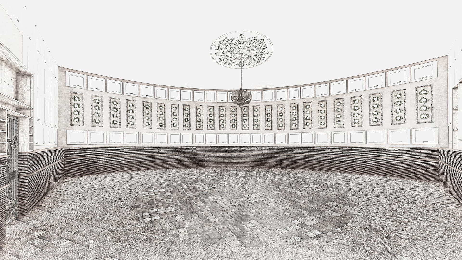 Wide interior architectural render of Baytul Ameer and its curved patterned wall.