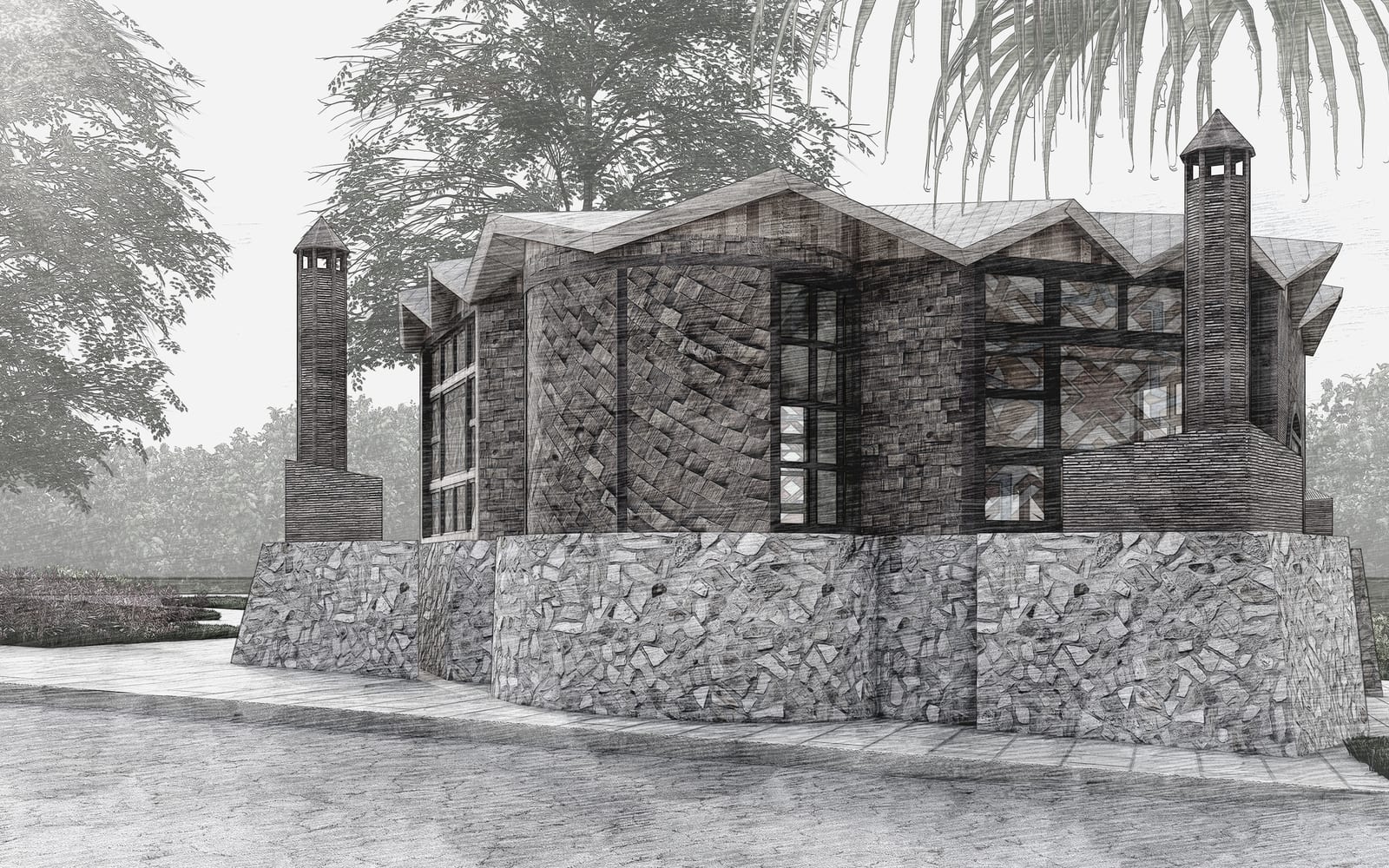 Side architectural render showing Baytul Arqam above its stone-clad base walls.