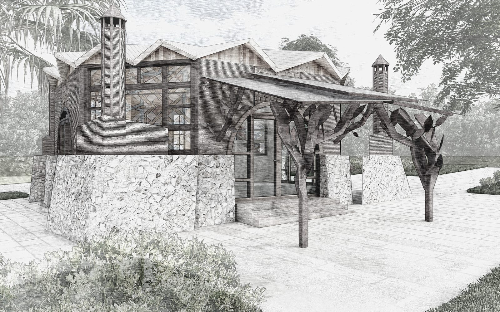 Architectural render of the timber entrance canopy and glazed entrance at Baytul Arqam.