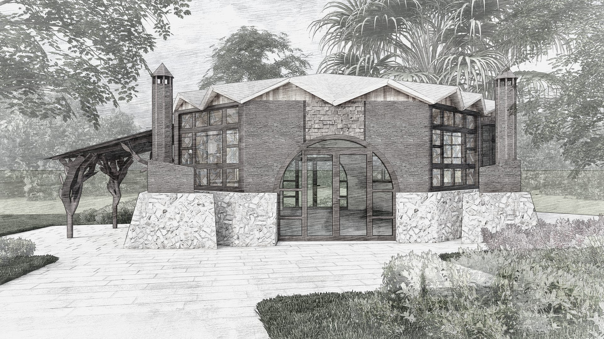 Front architectural render of Baytul Arqam with stone base walls and a timber entrance canopy.
