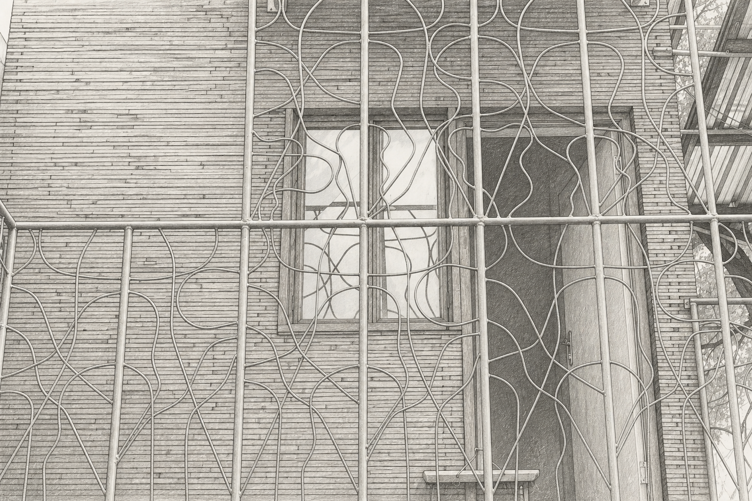 Architectural pencil sketch of Camp Qurtuba's timber-clad elevation and patterned metal screen.