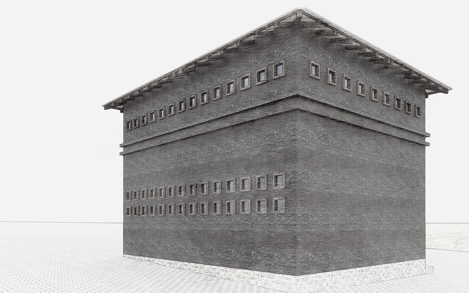 Rear architectural render of the Design Studio and its bands of small windows.