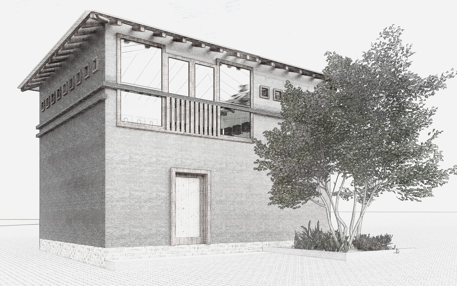 Architectural render of the Design Studio upper balcony and windows.