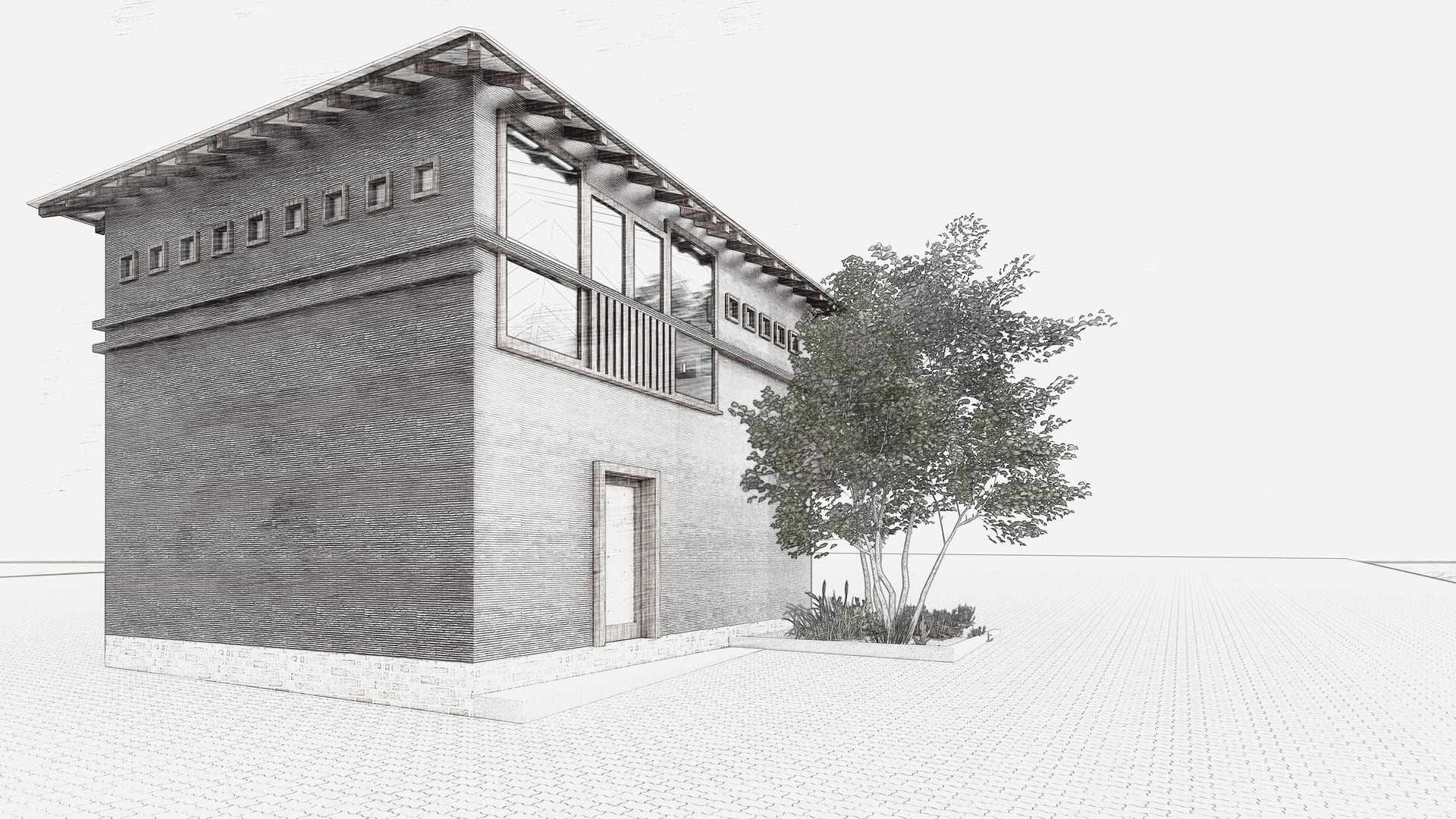 Architectural render of the double-storey Design Studio with upper-level windows and a tree beside it.
