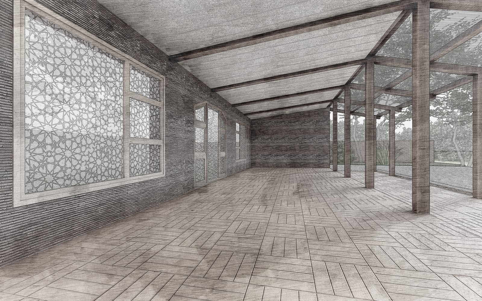 Interior architectural render of the Fig and Olive deck, timber floor and patterned glass screen.