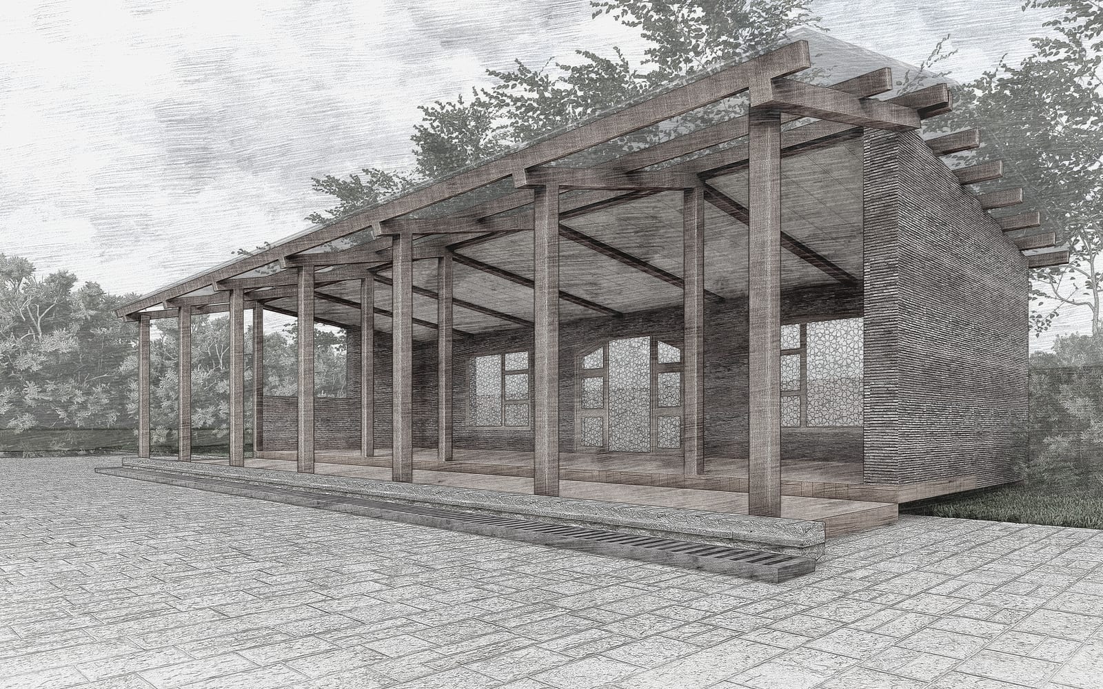 Long exterior architectural render of the Fig and Olive deck and timber posts.