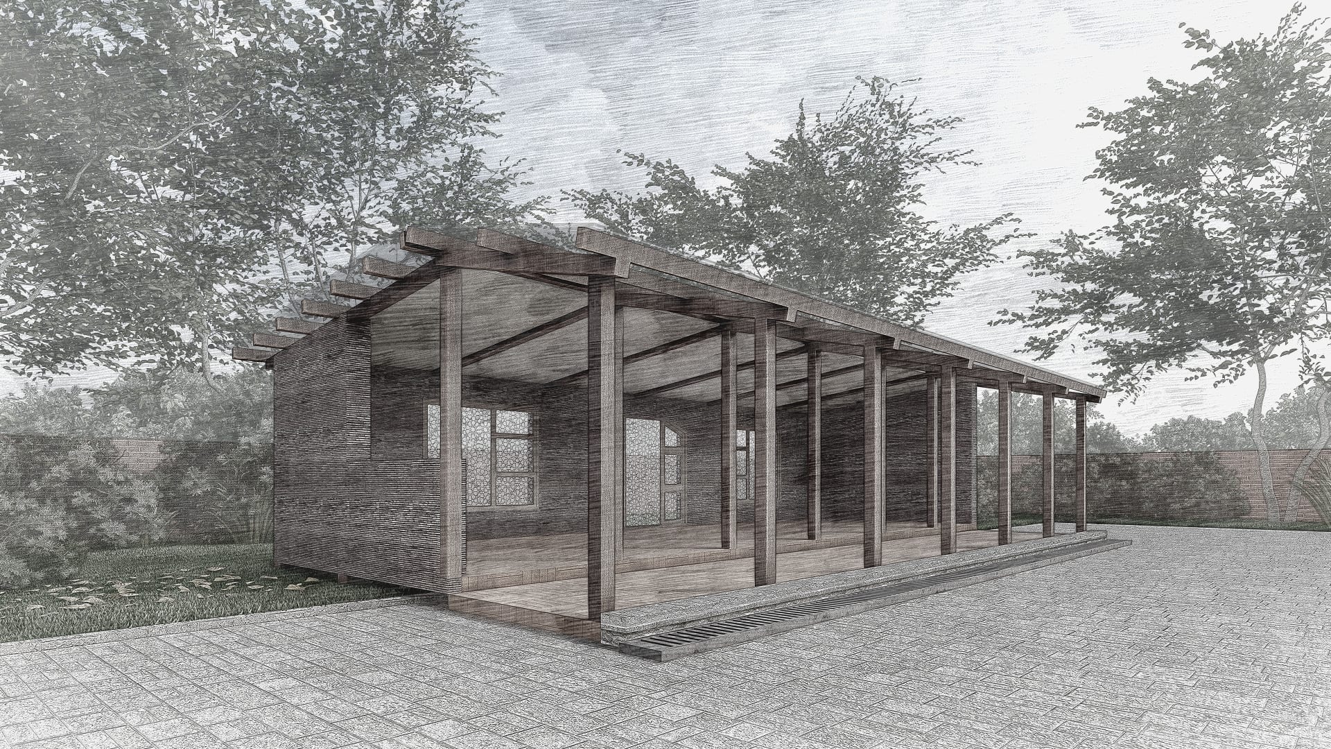 Architectural render of the Fig and Olive covered timber deck among trees.