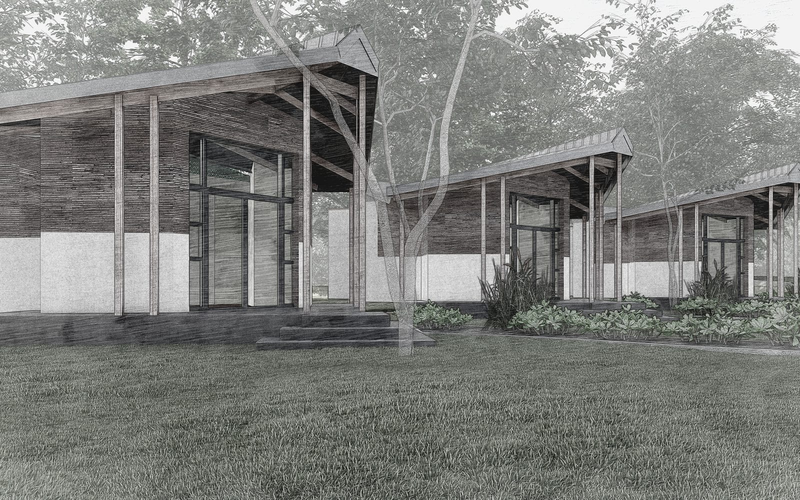 Architectural render showing several glamping units arranged around a shared outdoor space.