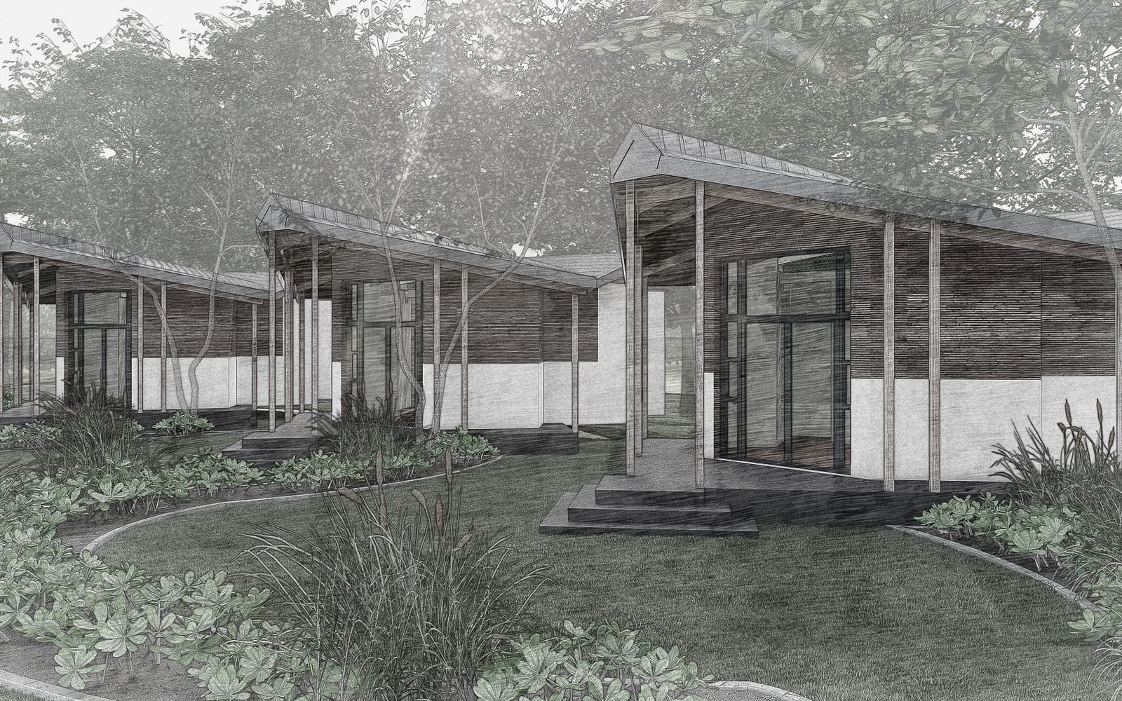 Architectural render of a glamping unit approached along a planted path.