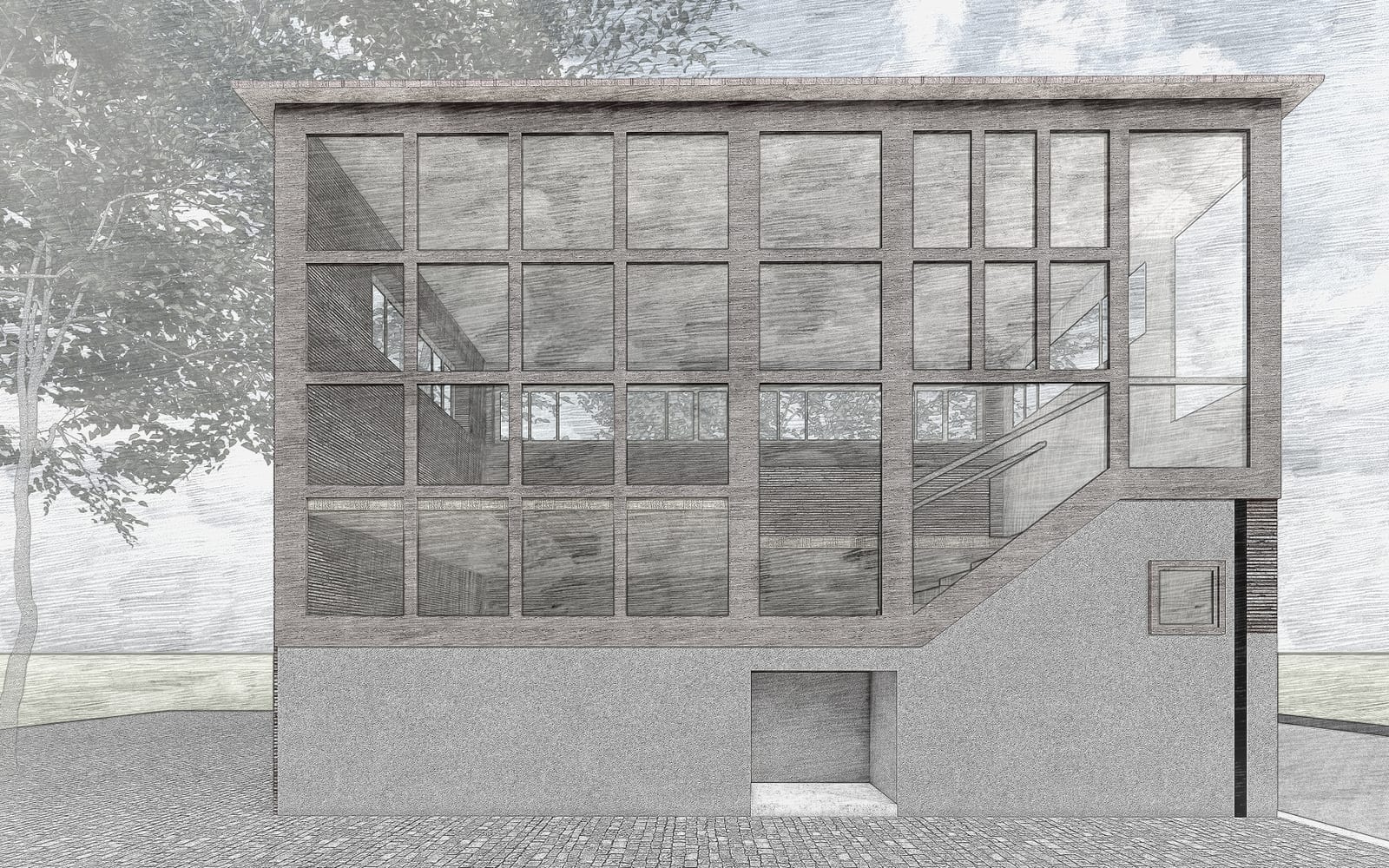 Front architectural render of the Sponge Bob Offices and its large glazed facade.