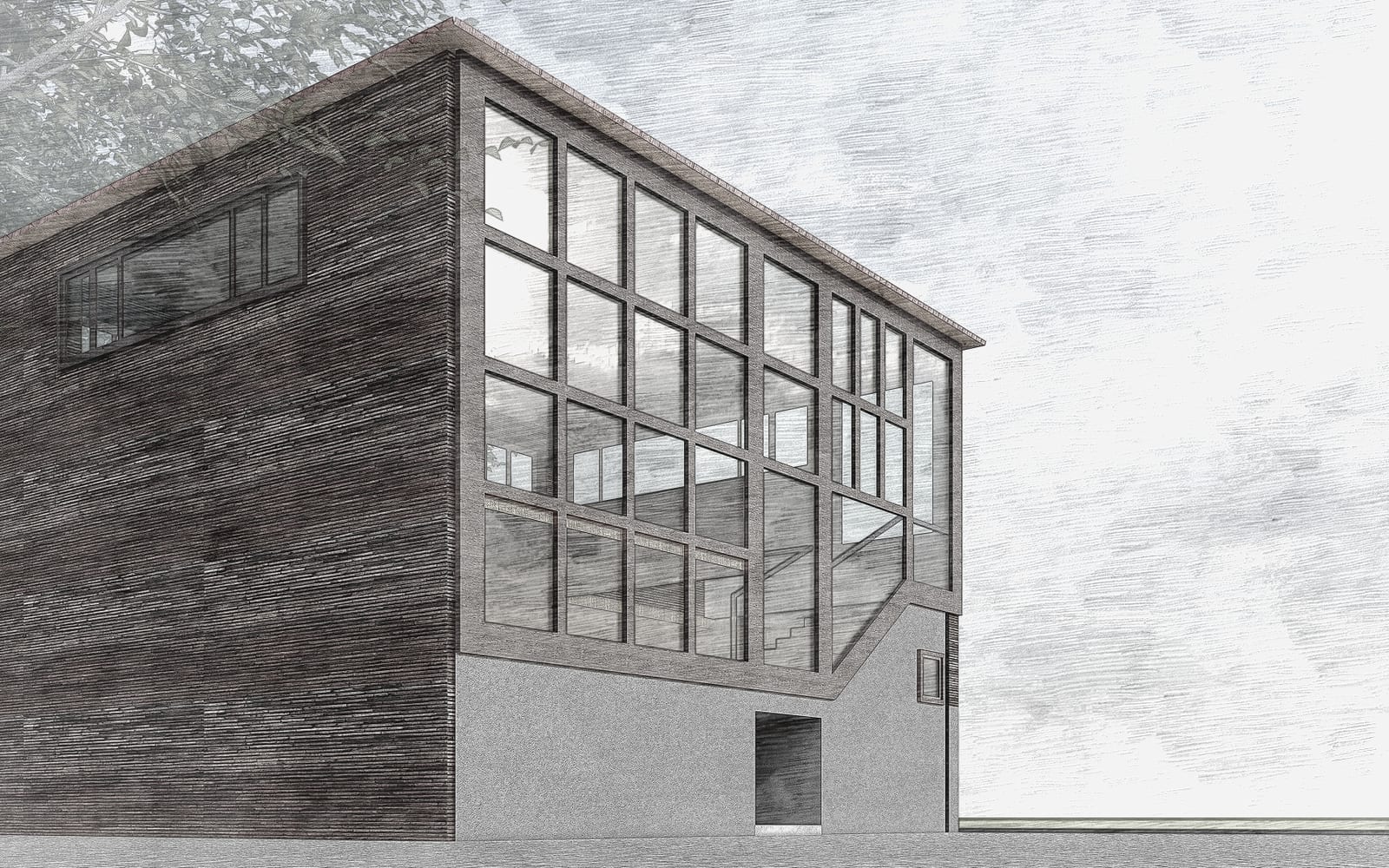Angled architectural render showing the glazed and timber-clad sides of the Sponge Bob Offices.