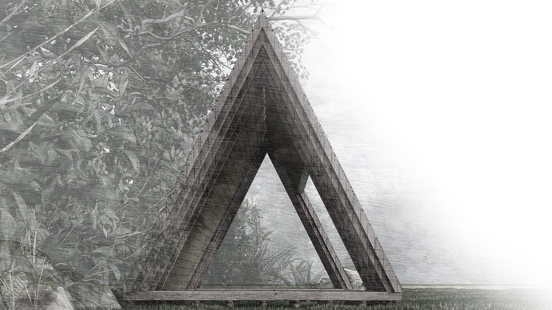 Architectural render of triangular Teepee structures with timber screens.