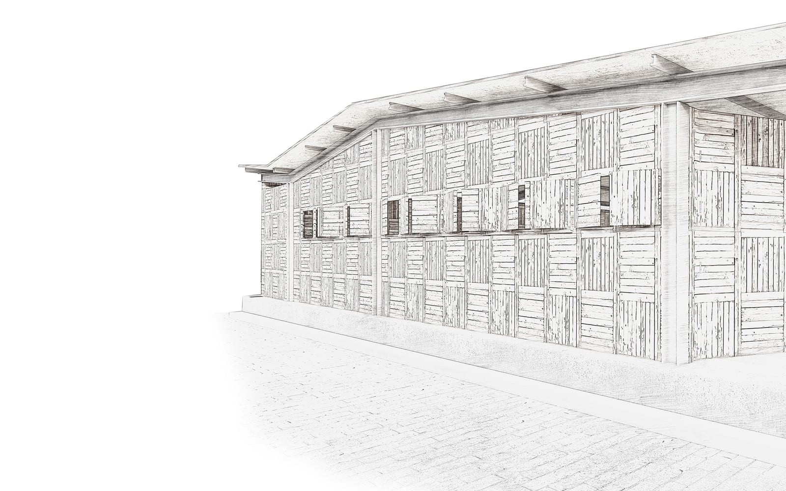 Front architectural render showing the Workshop facade and alternating timber infill panels.