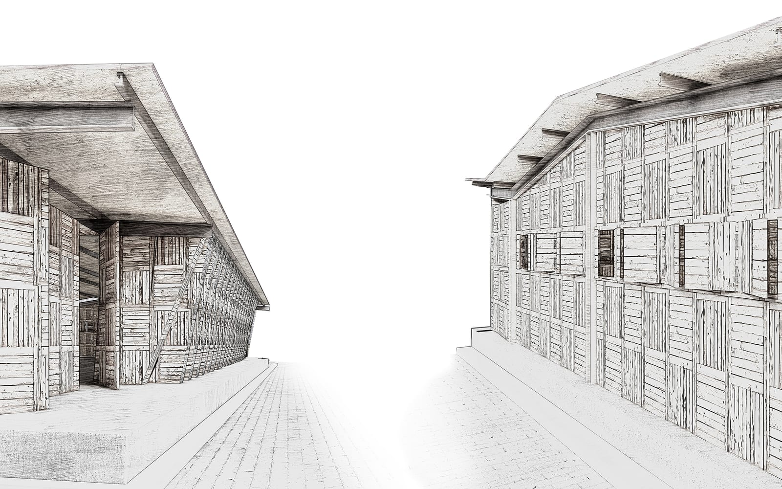 Angled architectural render looking along the Workshop facade and covered edge.
