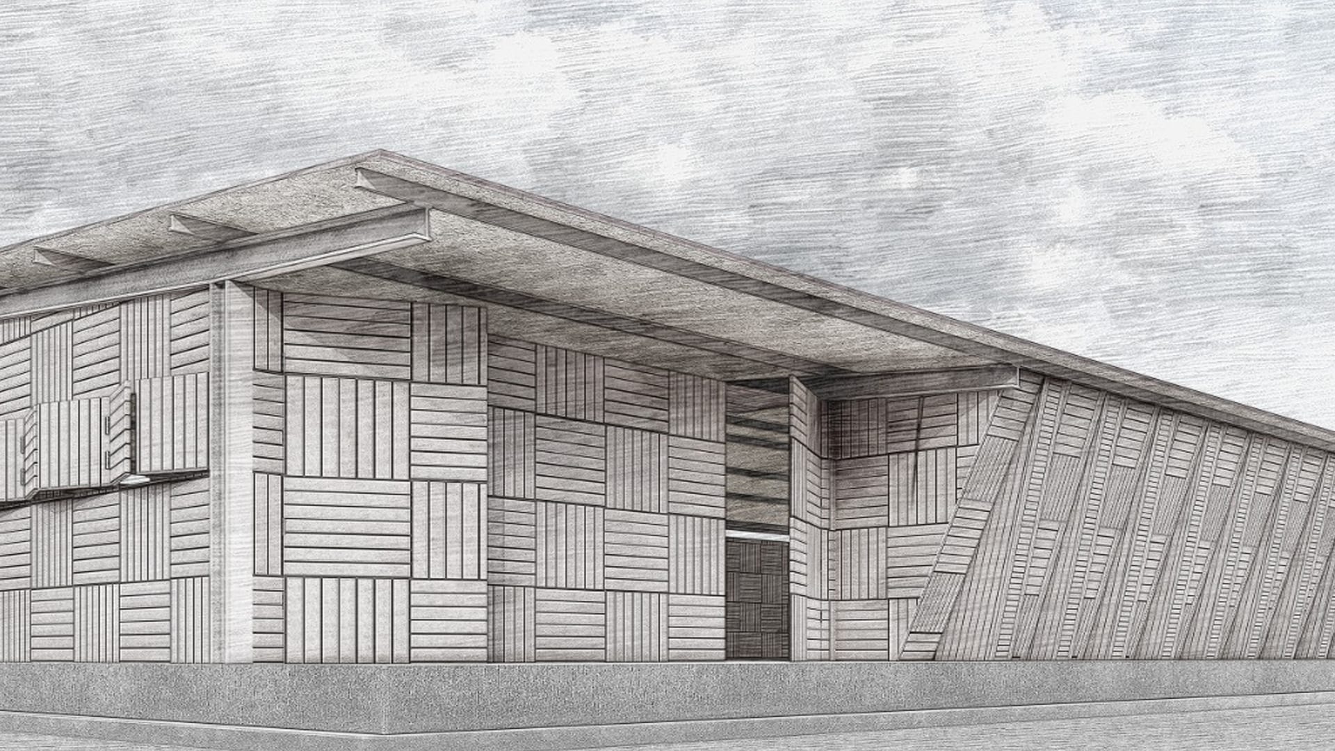 Architectural render of the Workshop with alternating reclaimed timber infill panels.